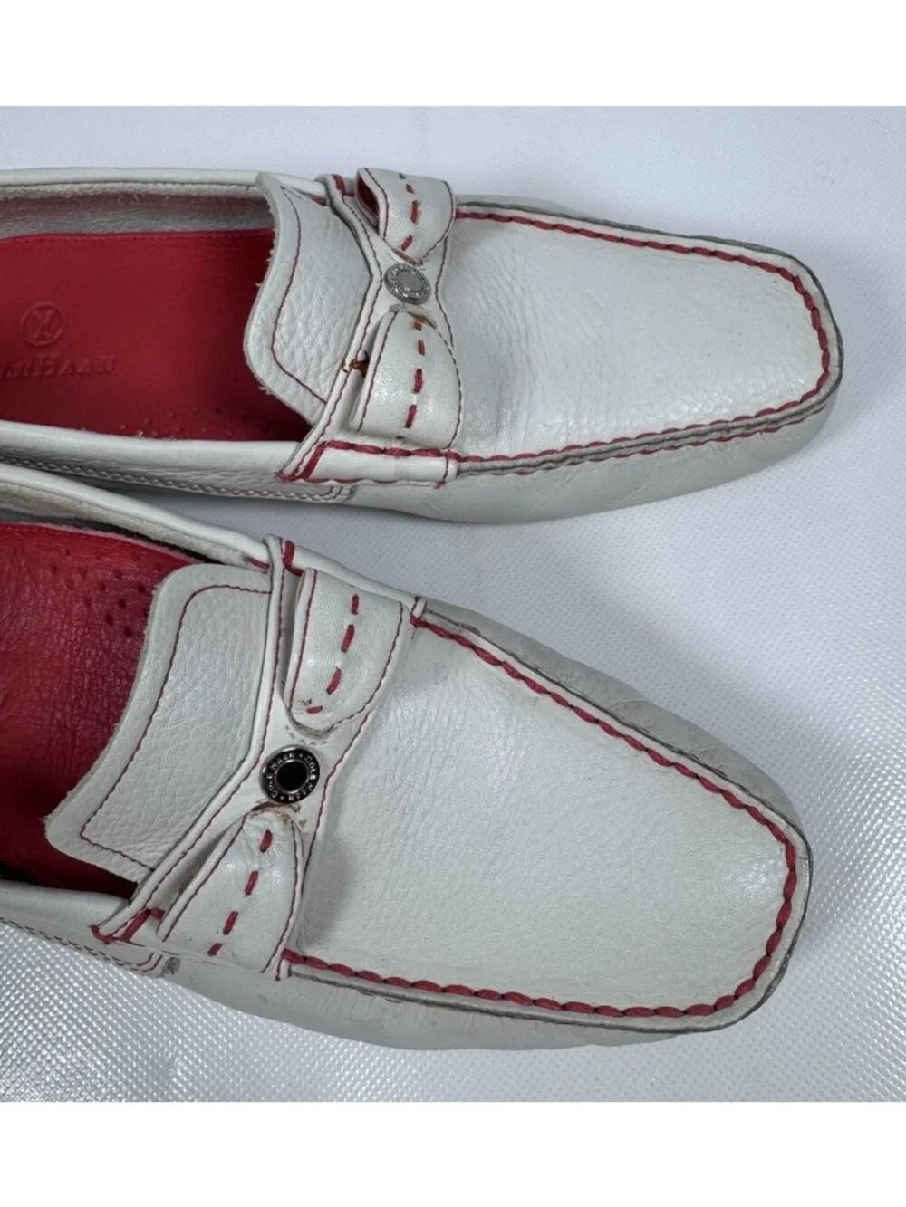 Cole Haan Women White Leather Driving Loafers Shoes Red Stitch Bow Size 8.5 B